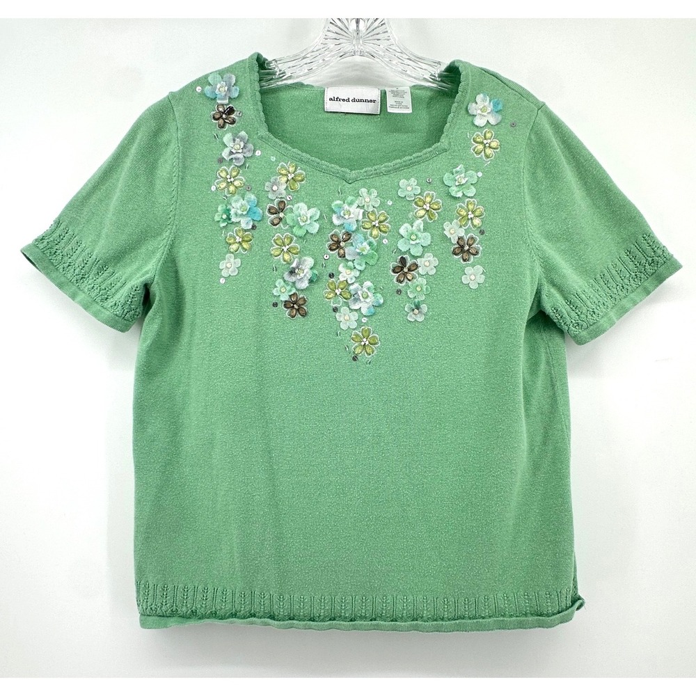 Alfred Dunner Womens Green Floral Sequin Knit Short Sleeve Sweater S Cottagecore
